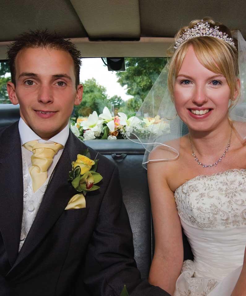 your married couple at the back of a wedding car